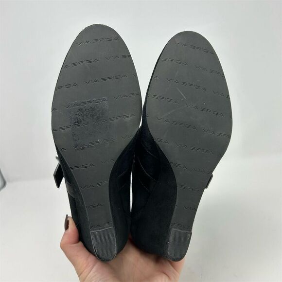 Via Spiga Women's Black Leather Suede Wedge Ankle Boots Size 7.5 Casual Buckles - Picture 9 of 11